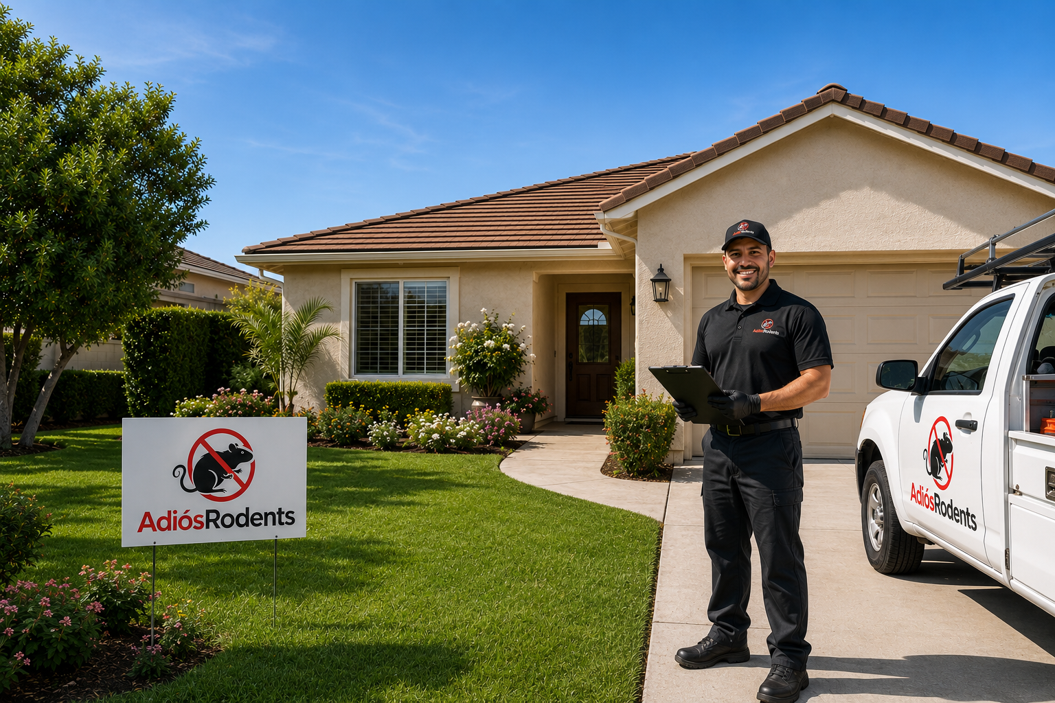 Adios Rodents pest control technician and service truck at a suburban Orange County home